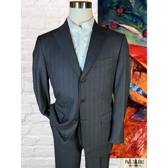 Pal Zileri 40R 32W Gray - Rust Purple Stripe 2 Piece Suit Jacket and Pants Set - Picture 1 of 16